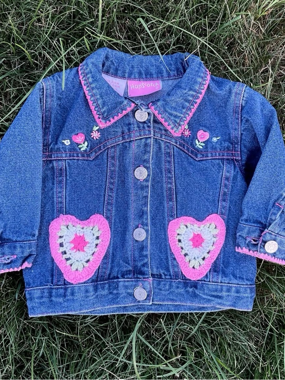 Hop Scotch Denim Jacket with Pink Heart Appliqués